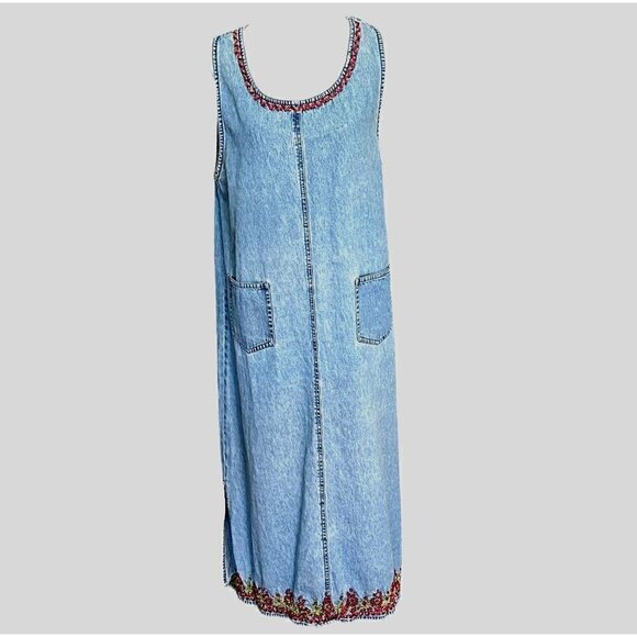 AGAPO Vintage Women's Denim Embroidered Dress Size 2X Sleeveless Made in India - Picture 2 of 13